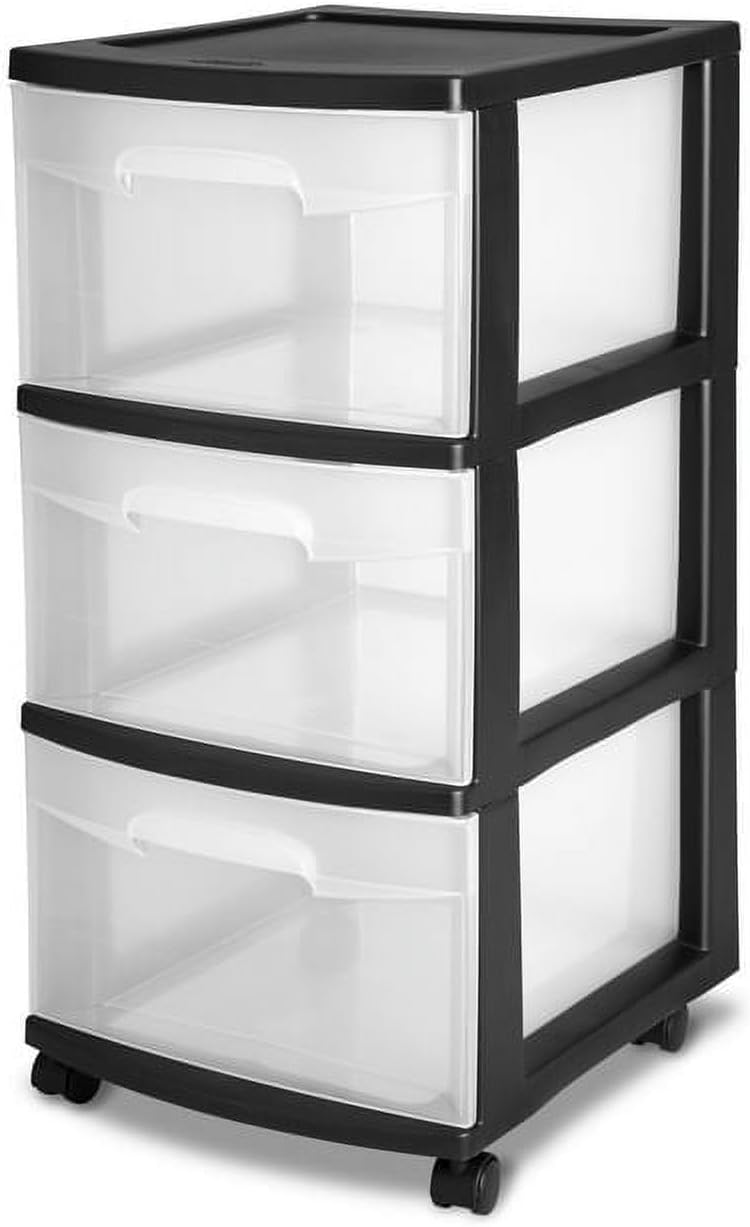 3-Drawer Plastic Cart with Clear Drawers & Removable Wheels - Space-Saving Home/Office/Dorm Organizer for Craft Supplies, Office Essentials & Bedroom Items (Black)