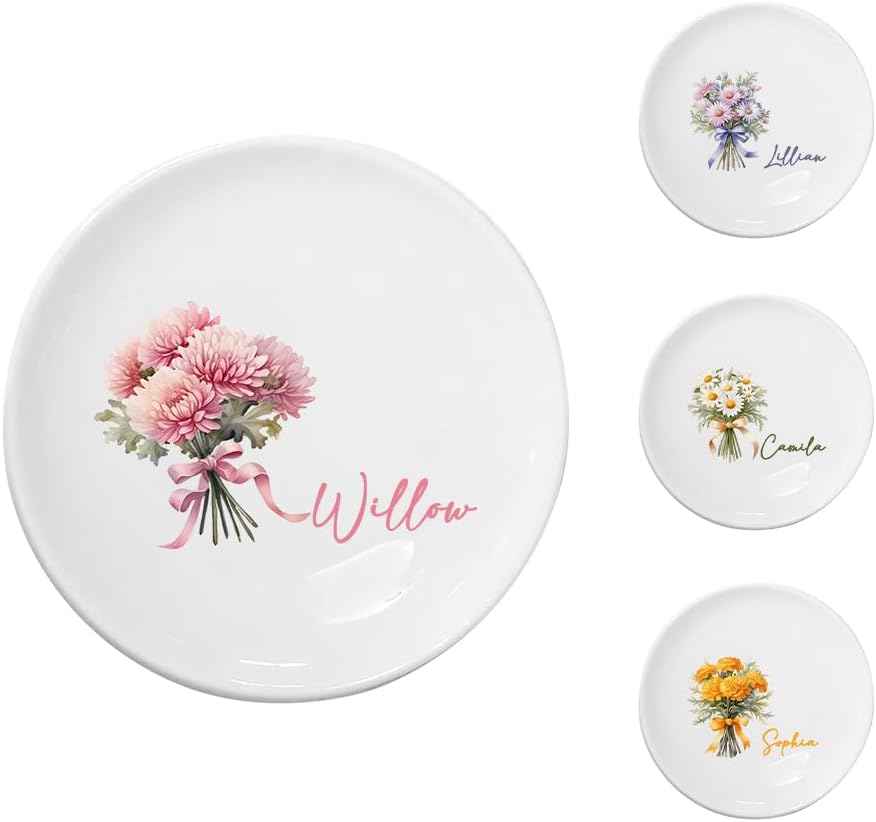 Custom Ceramic Jewelry Tray Birth Flower Personalized Name Decorative Trinket Dish for Rings Earrings Necklaces Birthday Christmas Bridesmaid Gifts for Women Her Size 4"×4"