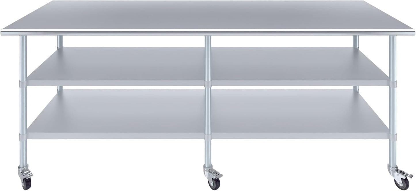 AmGood Stainless Steel Work Table with 2 Shelves and Casters | Metal Utility Table On Wheels (Stainless Steel, 96" Long x 30" Deep)
