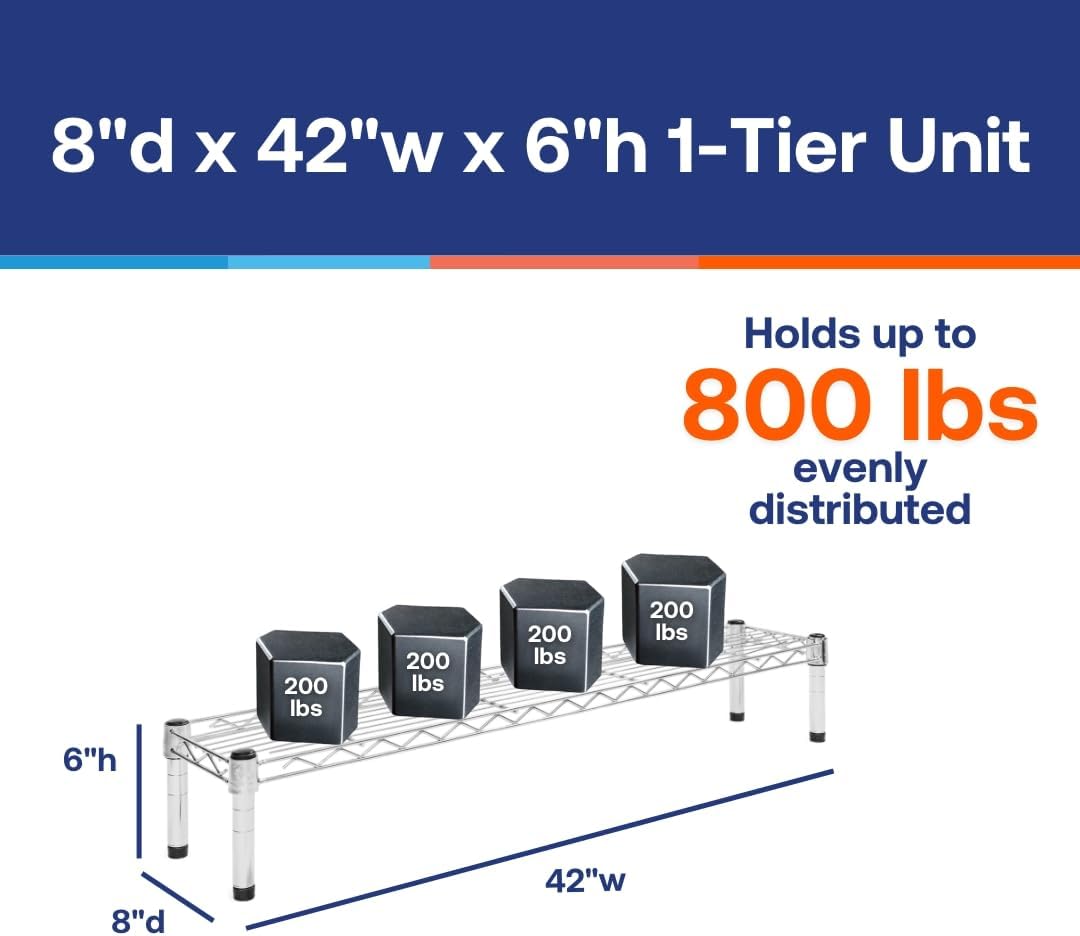 Shelving Inc. 8" d x 42" w Chrome Wire Shelving with 1 Tier Shelf, Weight Capacity 800lbs Per Shelf
