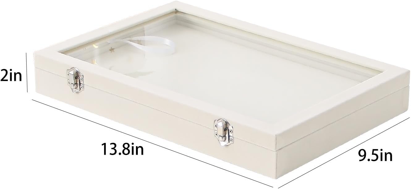 Coward Ring Organizer Jewelry Box, Beige Velvet 100 Slots Ring Display Tray Case with Transparent Glass Lid for Home Use or Store Selling Show