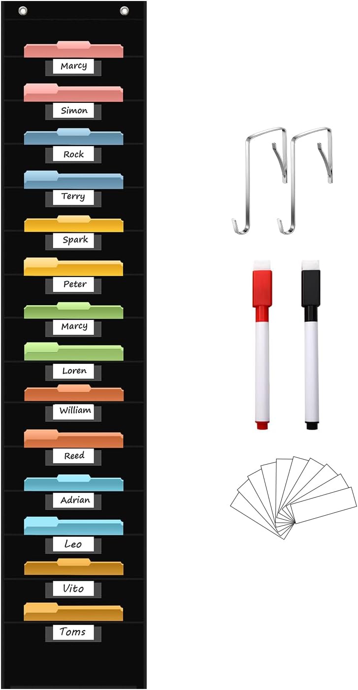 14 Pocket Hanging File Organizer with 14 Nametag Pockets. Black File Storage Pocket Chart for Classroom or Office Use. Perfectly Organizes Assignments, Files, Scrapbooks, and Documents.