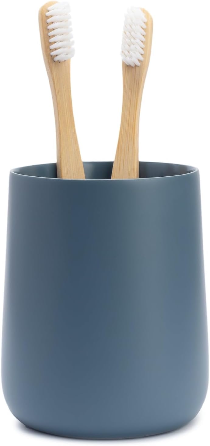 Matte Blue Toothbrush and Toothpaste Holder and Cup for Bathroom Vanity and Countertop, Round Organizer for Electric Toothbrushes, Floss, Razors, Cotton, and Mouthwash