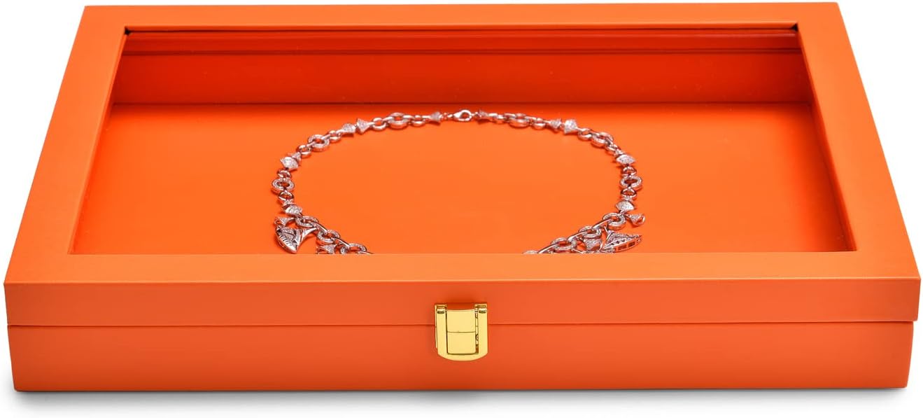 Oirlv Clear Lid Flat Jewelry Tray Stackable Display Storage Box Premium Leather Drawer Insert Jewelry Display Box for Rings Earrings Necklaces Bracelet Women Gift