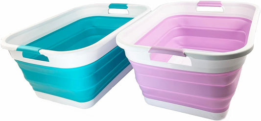 SAMMART 41L (10.8 gallon) Collapsible Plastic Laundry Basket - Foldable Pop Up Storage Container/Organizer - Portable Washing Tub - Space Saving (Rectangular, Ceramic Blue+Pale Purple (Set of 2))