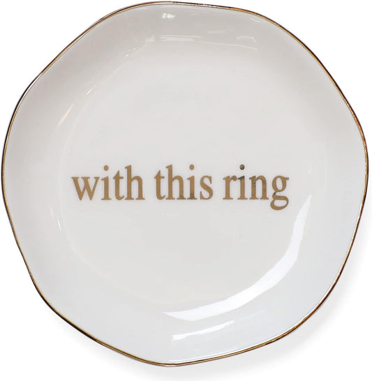 Engagement Wedding Ring Dish-With This Ring Jewelry Dish Tray-Gifts for Bride, Bride to be, Newlyweds, Ceramic White