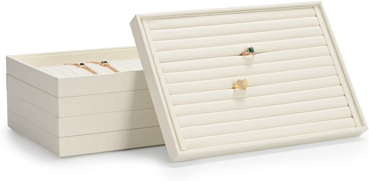 Jewelry Ring Display Tray Beige Microfiber Ring Earrings Display Organizer Tray