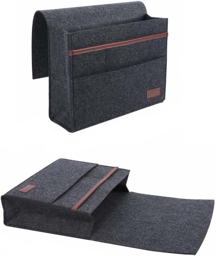 Bedside Caddy for Dorm and Bed Storage - Black Felt Organizer with 5 Pockets for Book, Phone, Tablet, iPad and Remote Holder
