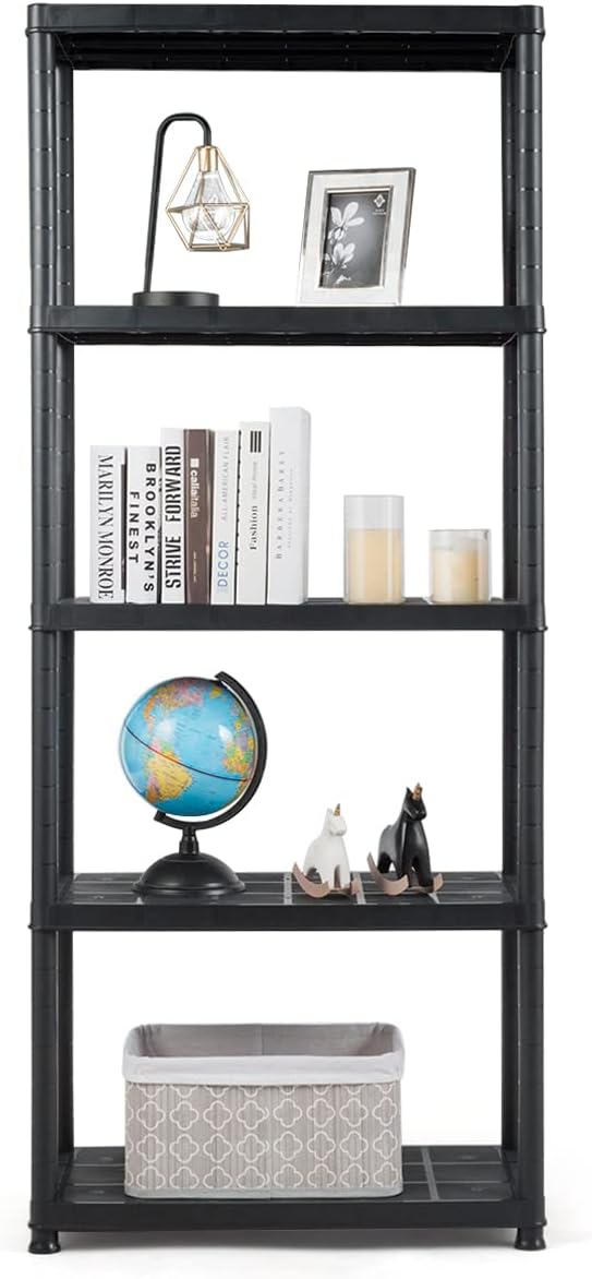 IRONMAX 5-Tier Plastic Storage Shelves, Multi-Purpose Display Shelf Rack, Light Duty Storage Shelving Unit for Laundry Pantry Closet, Black (1, 28“L X 15”W X 67“H)
