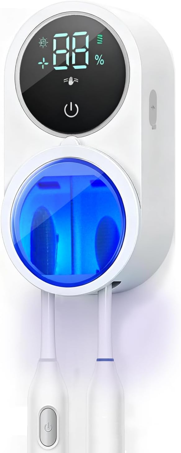 KLUEHOME UV Toothbrush Sanitizer & Holder for Bathroom, LED Smart Screen, Light Cleaning and Air Drying, Mirror Wall Mounted,Fits Most Electric, Manual and Kids’ Toothbrushes