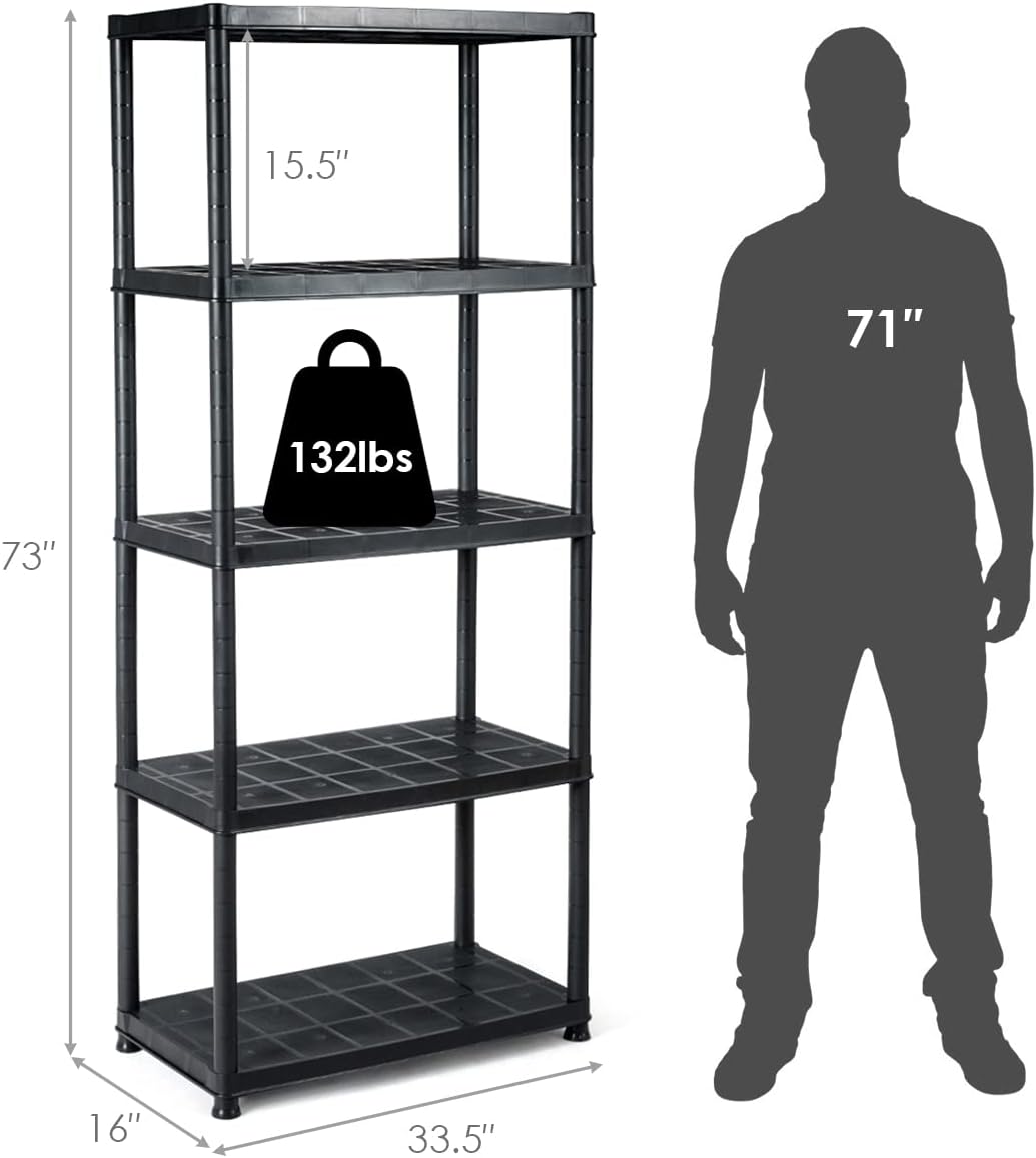 IRONMAX 5-Tier Plastic Shelving Unit, Multi-Purpose Shelf Rack, No Tools Required, Free Standing Storage Shelves for Garage Basement Kitchen, Black (1, 33.5“L X 16”W X 73“H)