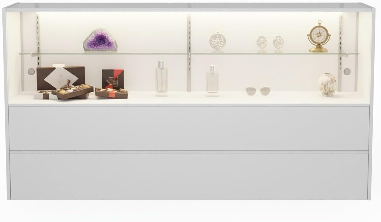 WISDOMFUR 5ft White Display Showcase Cabinet with LED Lighting – Half Vision Retail Glass Display Case, 60" x 18" x 38", Sliding Locking Doors & Storage Shelves
