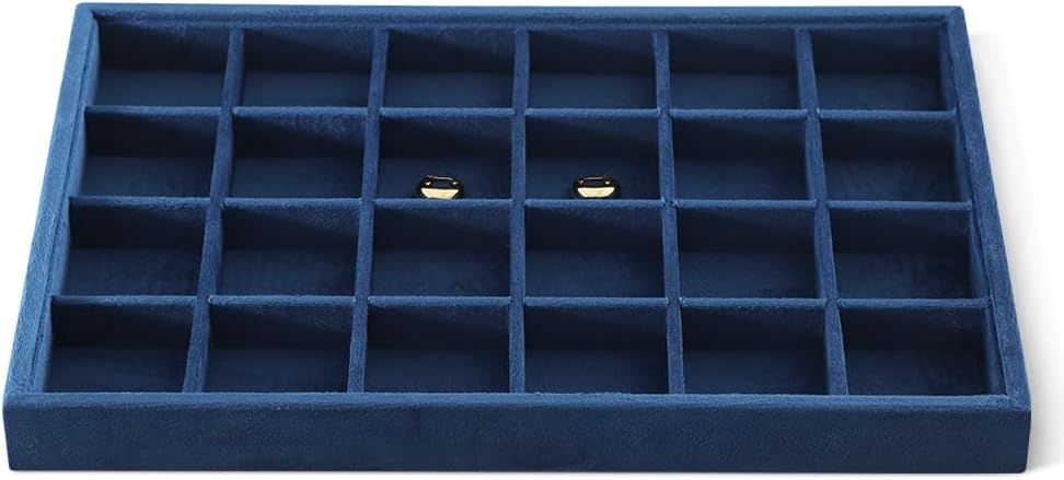 Velvet Stackable Jewelry Display Tray, 24 Grid Earring Ring Storage Tray, Drawer Divider Jewelry Accessories Organizer Plate (Blue)