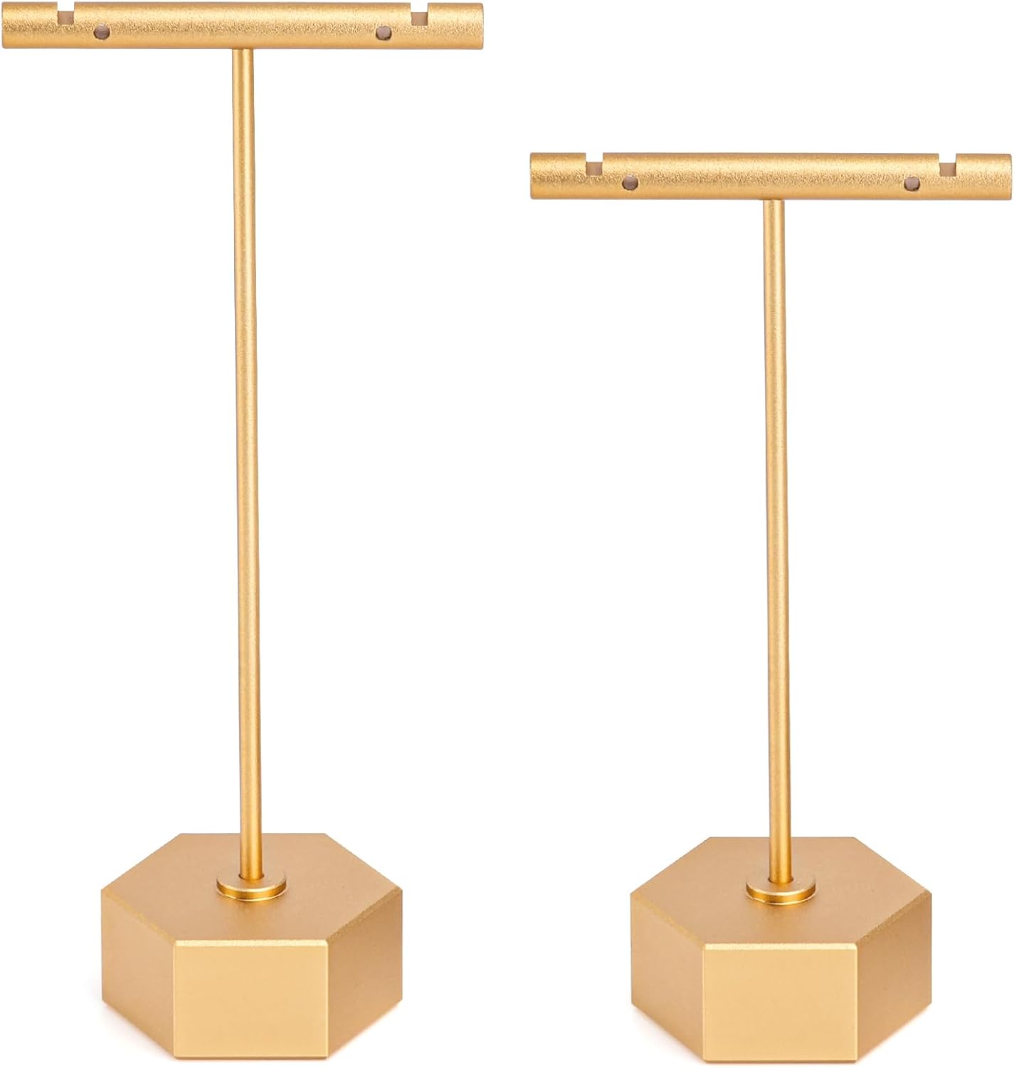 Metal Earring Stand Display Hexagon Base Earring T Bar Display Necklace Bracelet Ring Ear Studs Jewelry Display Rack for Vendors Photography and Showcase, Gold 2pcs Height 5.31" and 4.52"