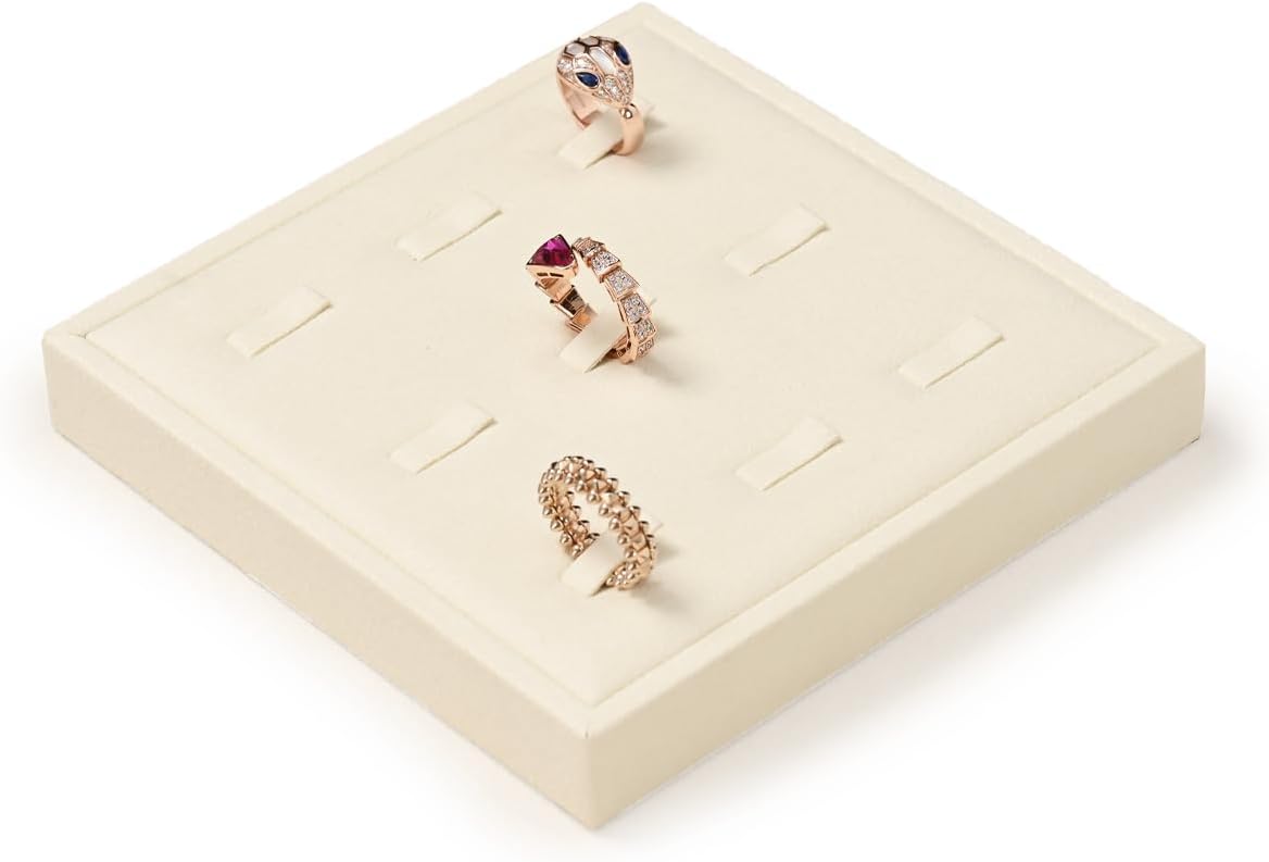 Oirlv Microfiber 9 Slots Jewelry Ring Display Tray Ring Display Organizer Tray(Beige)