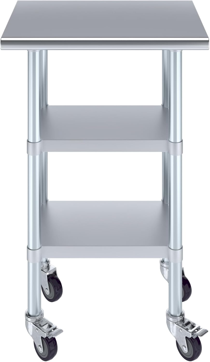 AmGood Stainless Steel Work Table with 2 Shelves and Casters | Metal Utility Table On Wheels (Stainless Steel Work Table with 2 Shelves + Casters, 24" Long x 18" Deep)