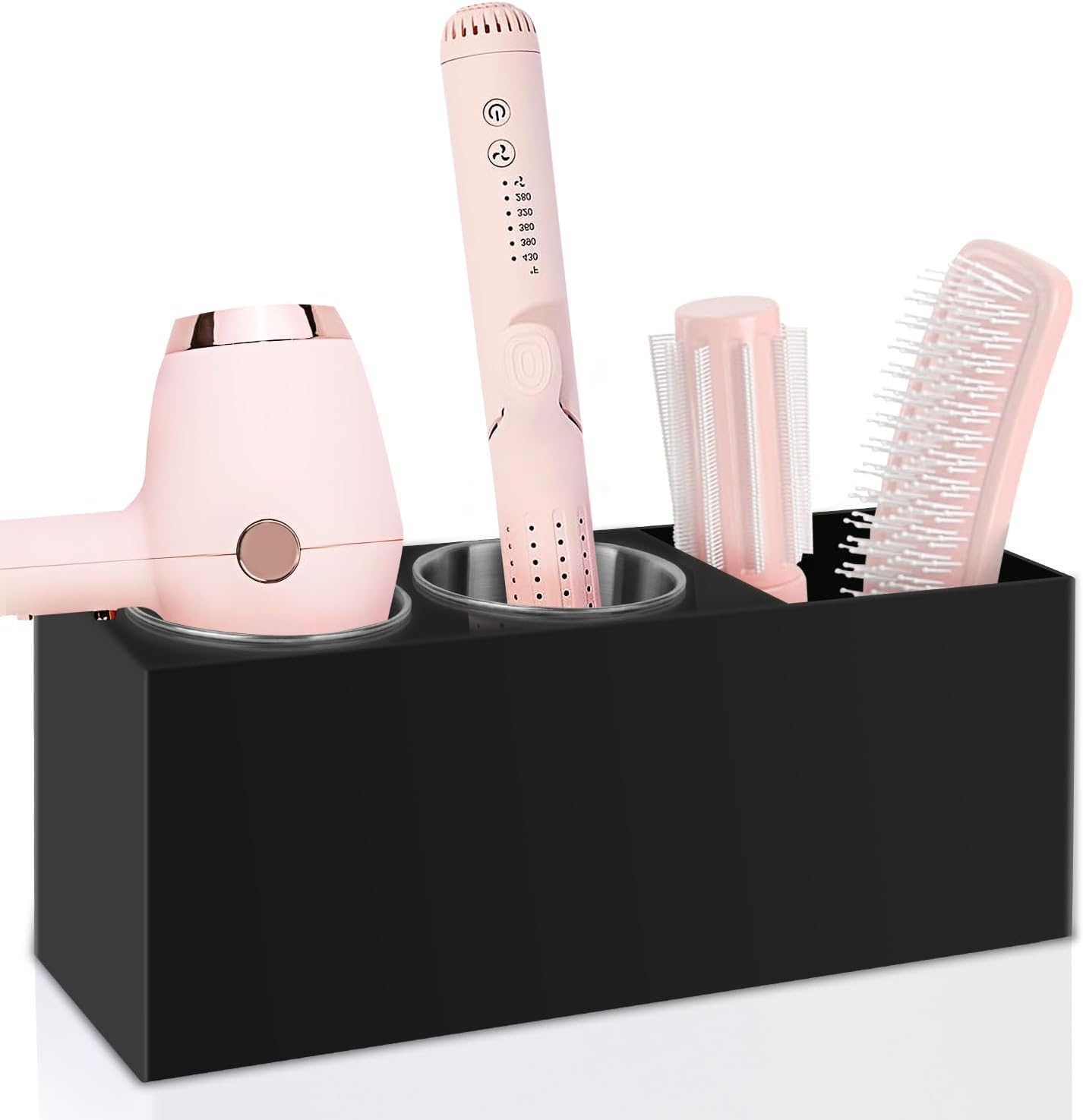 Hair Tool Organizer, Hair Dryer Holder with Heatproof Steel Cups, Acrylic Vanity Organizer for Curling Iron, Flat Iron & Hair Brushes, Perfect for Bathroom (Black, Standard)