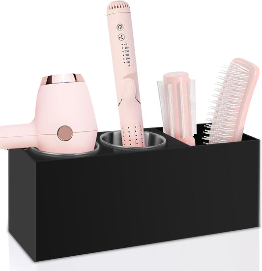 Hair Tool Organizer, Hair Dryer Holder with Heatproof Steel Cups, Acrylic Vanity Organizer for Curling Iron, Flat Iron & Hair Brushes, Perfect for Bathroom (Black, Standard)