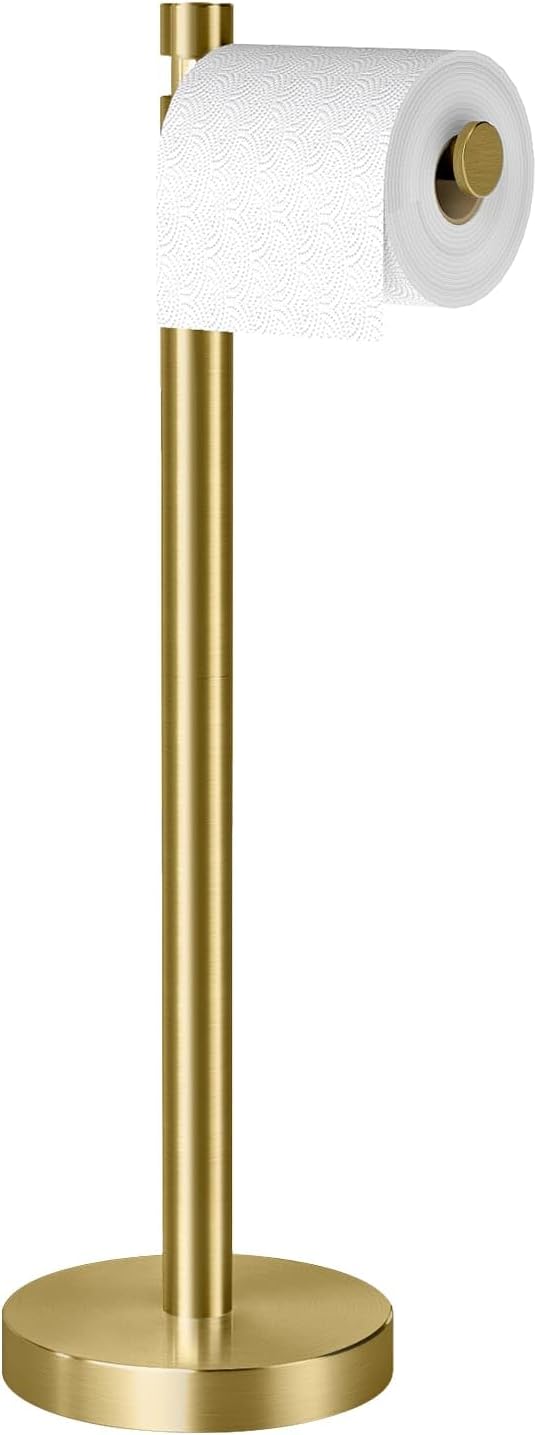 YUMORE Toilet Paper Holder Stand Freestanding, Weighted and Sturdy Stainless Steel Design with Non-Slip Cap, Gold Rustproof Tissue Roll Holder for Modern Bathroom, RV