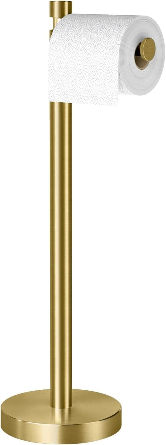 YUMORE Toilet Paper Holder Stand Freestanding, Weighted and Sturdy Stainless Steel Design with Non-Slip Cap, Gold Rustproof Tissue Roll Holder for Modern Bathroom, RV