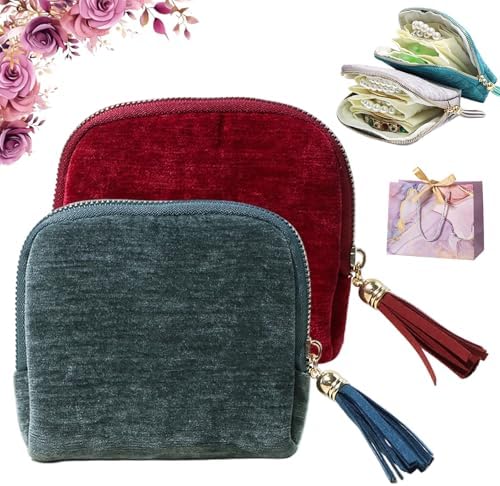 Travel Jewelry Case, Portable Jewelry Storage Bag, Compact Foldable Five Compartments Organizer Pouch with Zipper & Tassel for Earring Necklace Ring Bracelet (2pcs-B)