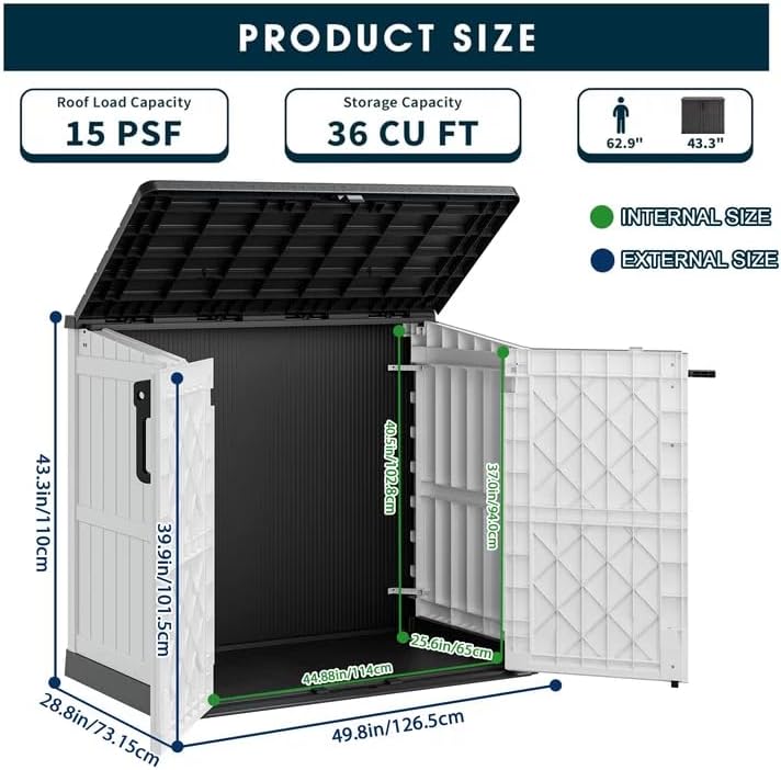 Horizontal Storage Shed, Outdoor Resin Storage Shed 36 Cu. Ft. Garden Extra Large Capacity Weather Resistant Storage Box, Lockable Waterproof Shed for Garden Tools