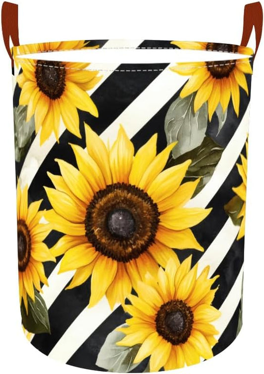 Laundry Baskets 15.7x19.7 Inch Large Sunflower Striped Design Collapsible Laundry Hamper with Handles Oxford Fabric Clothes Storage Bin Foldable Dirty Clothes Organizer for Bedroom Bathroom Dorm