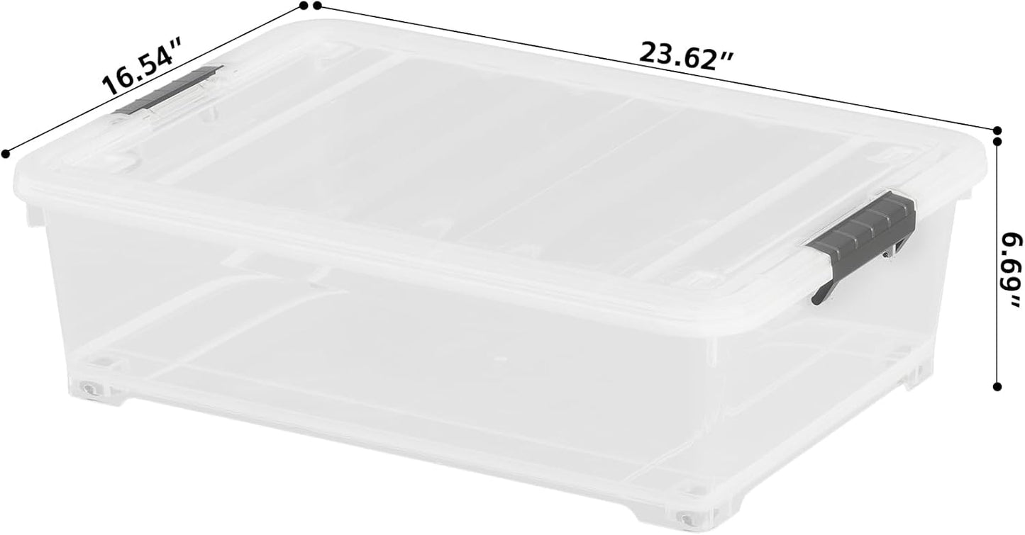 30 L Wheeled Latch Box, Clear Underbed Storage Bin with Lid, Black Latch, 4 Count