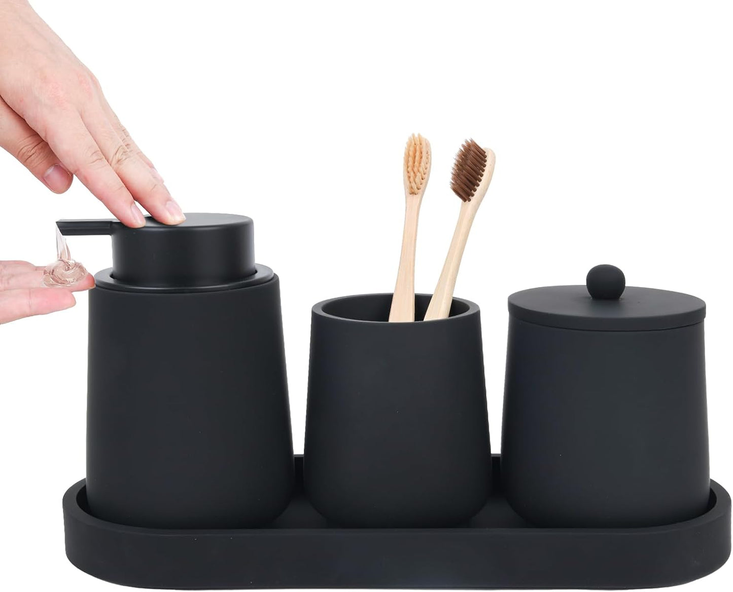 Black Bathroom Accessories Set - 4 Pcs Bathroom Accessory Sets with Toothbrush Holder,Lotion Soap Dispenser,Qtip Holder Dispensr & Vanity Tray,Bathroom Countertop Vanity Oganizer - Matte Black