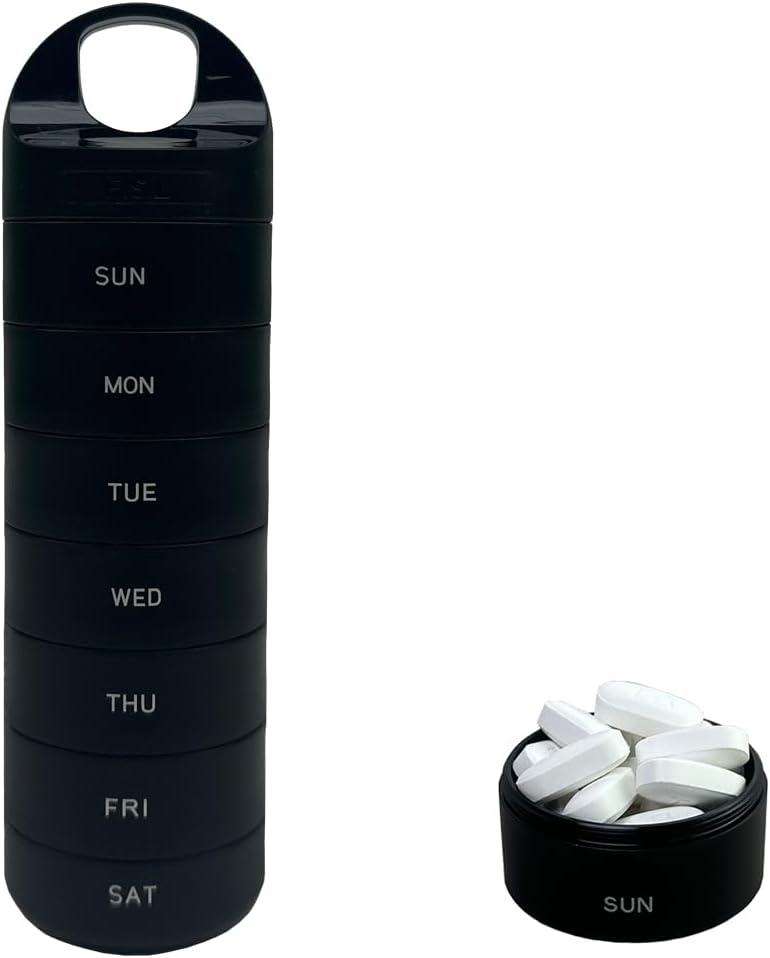 Black Plastic Weekly Pill Organizer - Smart Medicine Pill Organizer Travel - Waterproof, BPA-Free 7 Day Medicine Container - Pill Holder for Vitamins & Medications