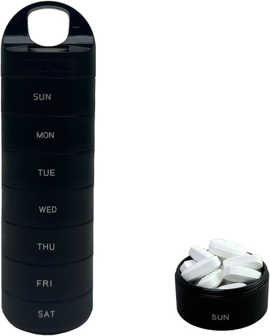 Black Plastic Weekly Pill Organizer - Smart Medicine Pill Organizer Travel - Waterproof, BPA-Free 7 Day Medicine Container - Pill Holder for Vitamins & Medications