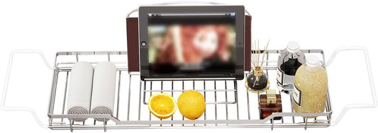 YQh Adjustable Tub Rack, 304 Stainless Steel Bathroom Tray, Multi-Function Tub Organizer with Adjustable Reading Rack, for Tablet or Cell Phone