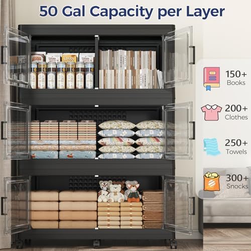 250Gal Stackable Storage Bins with Lid, 1000Qt Extra Large Collapsible Storage Box with Wheels, Dividers, Folding Plastic Cabinet Closet Organizers for Home Kitchen Office Dorm, 5Pack Black