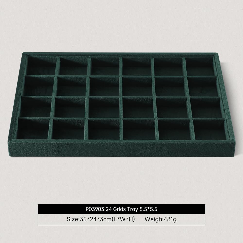 Velvet Stackable Jewelry Display Tray, 24 Grid Earring Ring Storage Tray, Drawer Divider Jewelry Accessories Organizer Plate (Green)