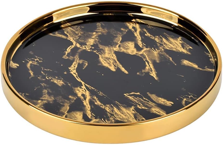Small Round Black Decorative Tray – Marble Look Jewelry Dish, Perfume Organizer, Makeup Vanity Tray for Dresser, Counter, or Bedroom