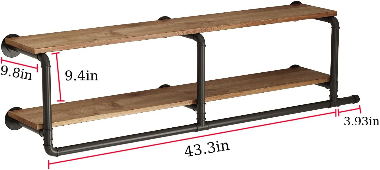 ORSENIGO Industrial Pipe Clothing Rack with Shelves, Black Wall Mounted Clothes Rack Heavy Duty Display Garment Rack for Home Retail
