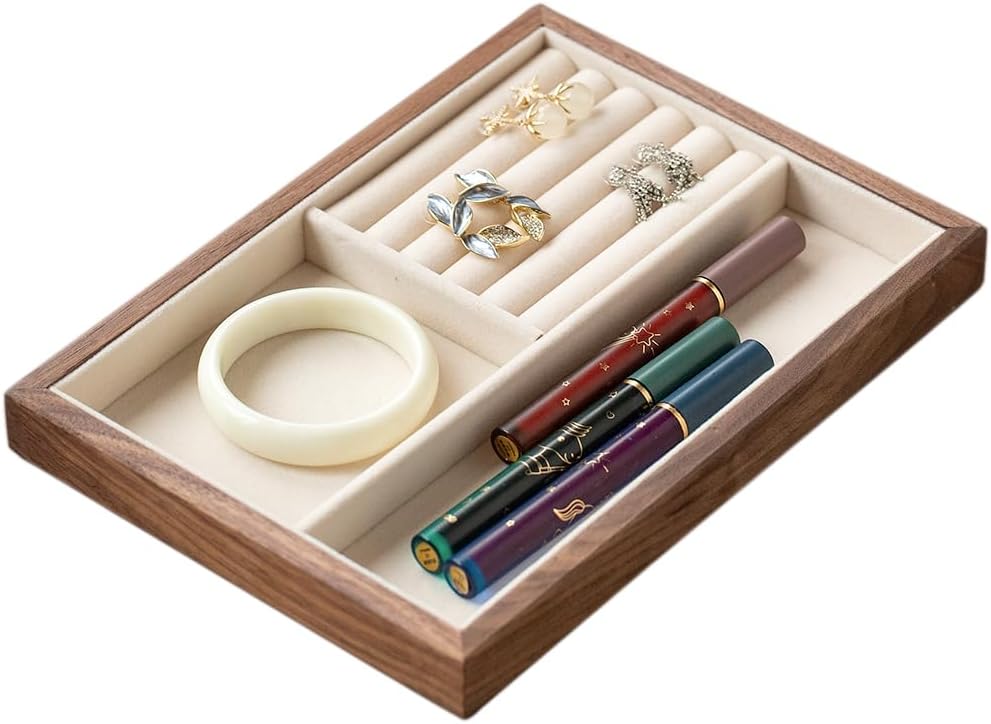 Black Walnut Wood Jewelry Tray with Velvet Lining, Multi-Functional Jewelry Organizer for Rings, Earrings, Necklaces & Bracelets, Drawer Jewelry Storage & Display Tray