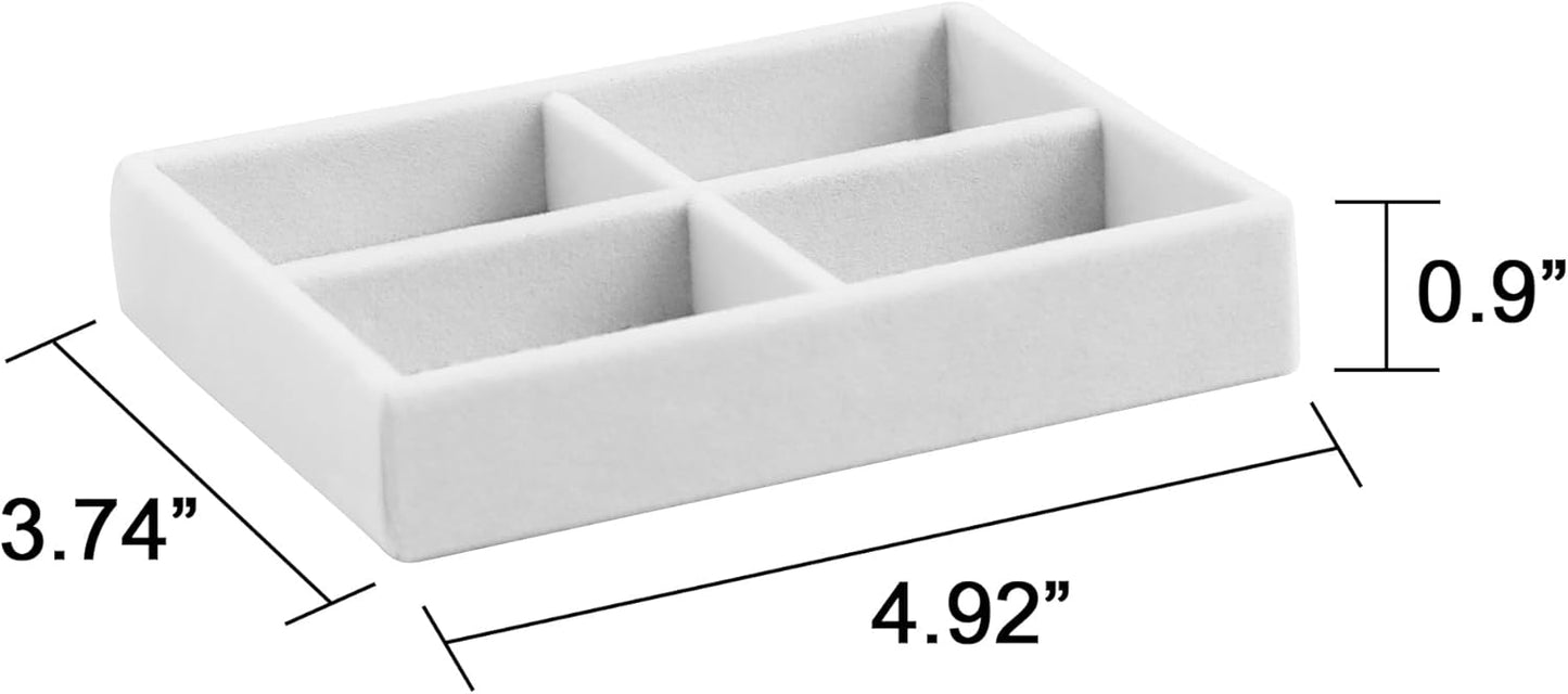 Frebeauty Small Jewelry Tray Set,Stackable Velvet Jewelry Organizer Tray,Mini Jewelry Drawer Organizer,Drawer Inserts,4.92 x 3.74 x 0.9 Inches,4 Grid Earring Organizer for Women(Set 2,White)