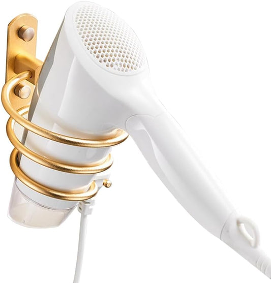 Blow Dryer Holder Wall Mounted Bathroom Hair Dryer Hanger Hair Tool Organizer for Full Size Dryer Swivel Storage Rack with Armrests for Flat Iron Curling Iron Space Saving Design (Gold)