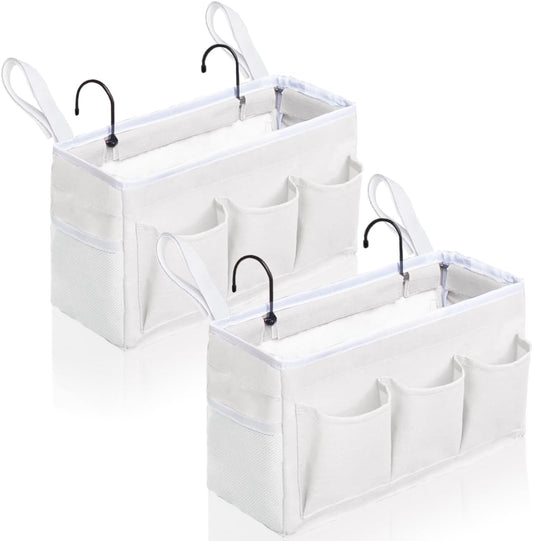2Pcs Beside Caddy Storage Organizer, Hanging Bag Holder with Pockets for Bedroom, Loft Bed Tent, Bed Curtain, Top Bunk bed Shelf Accessories Bedside Caddy 3-pocket (White-2pcs)