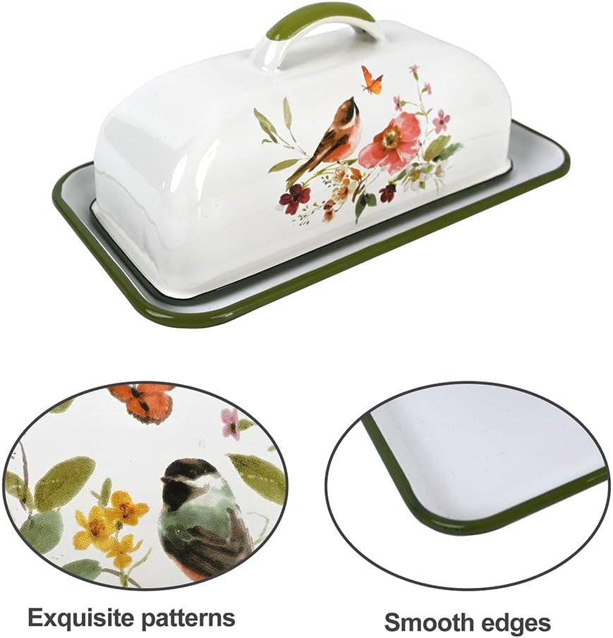 Enameled Farmhouse Vintage Butter Dish with Lid, 7.5 Inch Durable Kitchen Food Storage Container Rust-Resistant Refrigerator Safe,Vintage Decorative Design Kitchenware for Countertop
