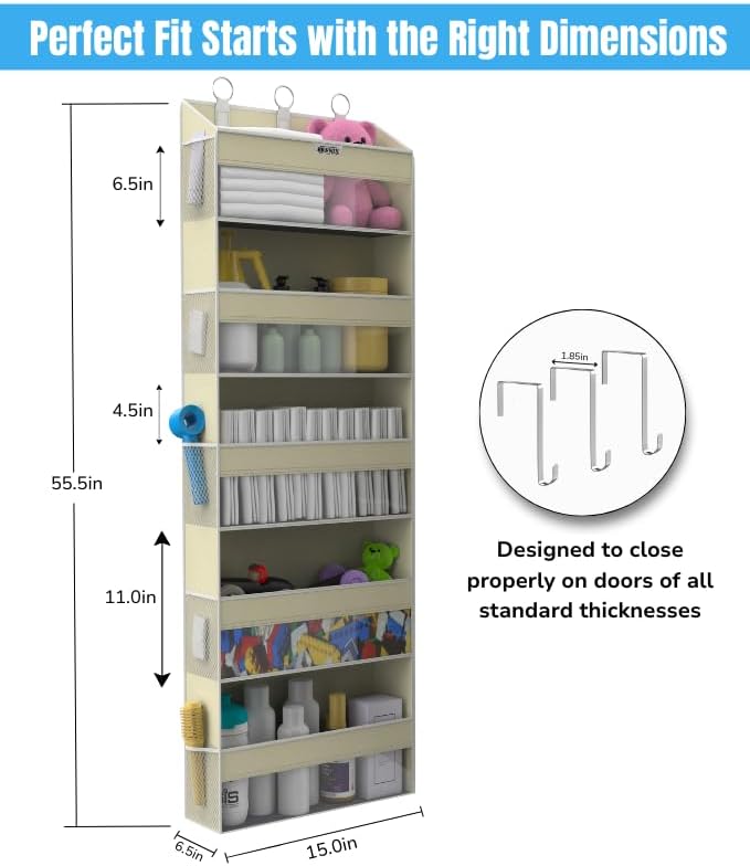 Over the Door Organizer with 5 Large Pockets & 10 Mesh Side Pockets – Durable Hanging Storage for Closet, Bathroom, Bedroom, and Nursery– Space Saving Door Storage with Sturdy Metal Hooks.
