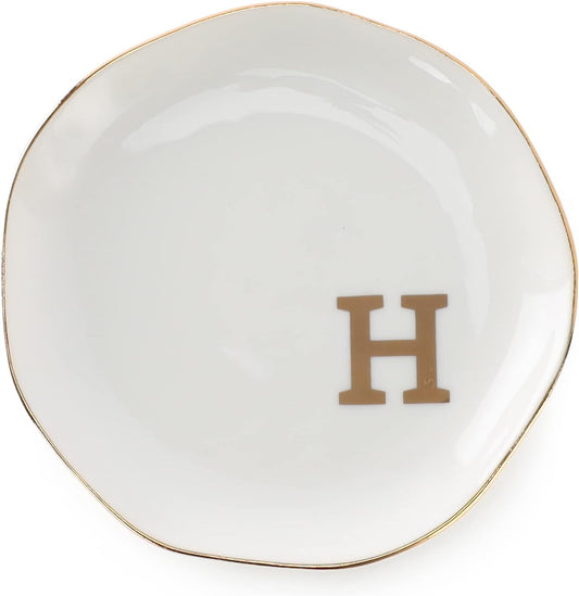 Initials Ring Dish Jewery Tray with Personalized H-Monogrammed Gifts Wedding Engagement for Women Friends sister,Ceramic White
