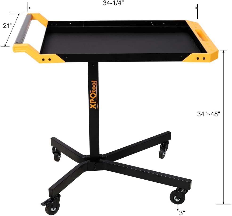 Adjustable Height Mobile Work Table, Rolling Work Bench with Tool Tray and 4 Casters, Portable Rolling Tool Cart for Garage Workshop Repair Shop DIY, 34 to 48 Inch Height Range Stable Luxebough