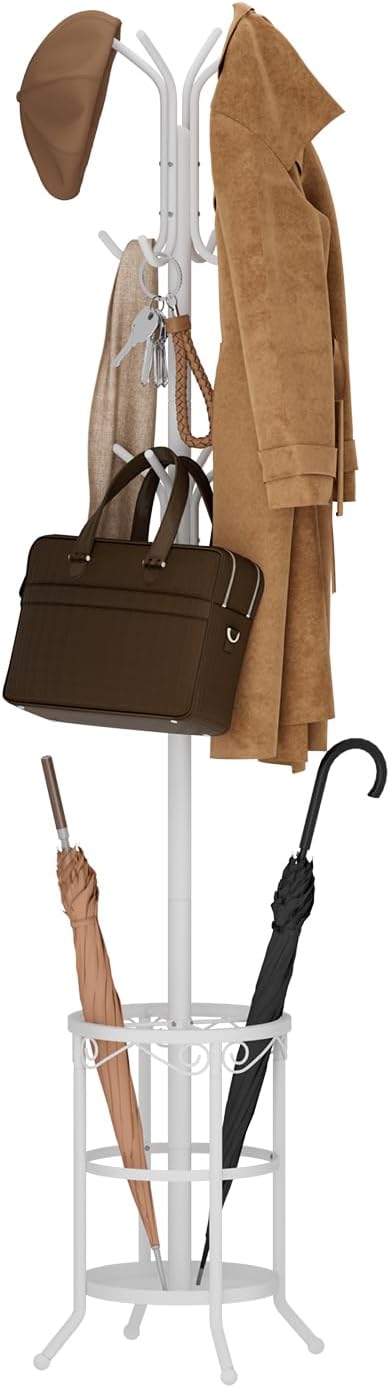Coat Rack Freestanding with Umbrella Holder – Metal Hanger Stand, Hall Tree with 12 Hooks, Entryway Organizer for Hats, Bags, and Clothes (White)