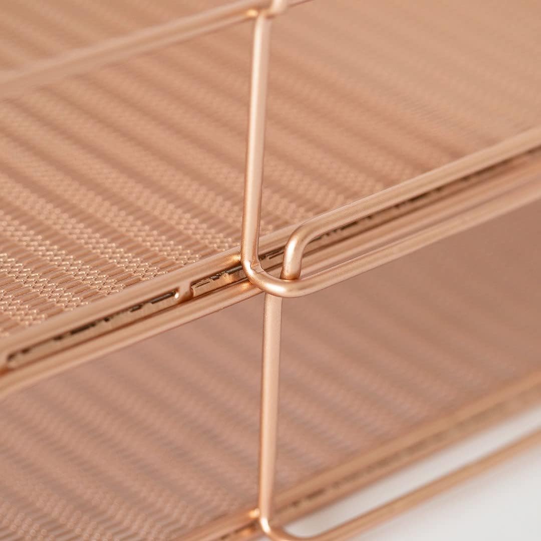 BLU MONACO Rose Gold Mesh Paper Tray – Set of 2 Stackable Letter Trays – Durable Metal Desk Organizer for Home, Office & School – Stylish Document Holder, File Storage, and Workspace Organizer