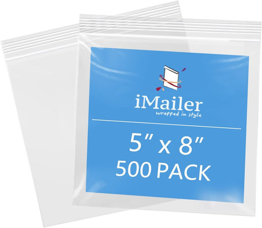 iMailer - 5" x 8" 500 Pack- 2 Mil Resealable Zip Bags- Small Clear Plastic Bags for Storage, Organizing, Crafts, Snacks, Jewelry, Hardware