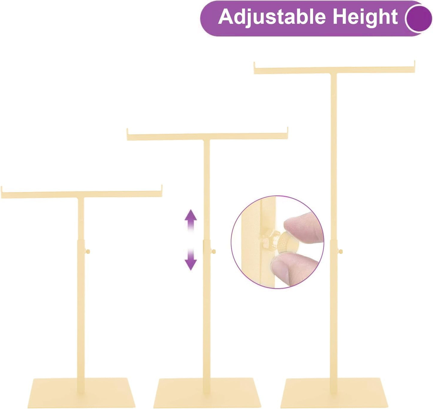 Purse Display Stand T Shaped, Countertop Jewelry/Scarf/Handbag T-Bar Display Stand, Tabletop Double Hook Hanging Stands for Long Necklaces, Metal with Adjustable Height - Gloden