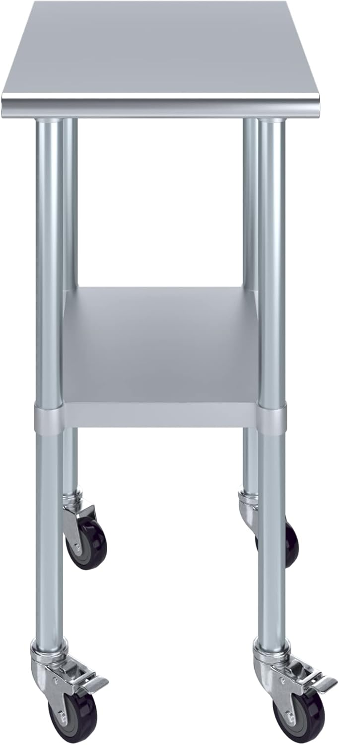 AmGood 24" x 18" Stainless Steel Work Table with Casters | Heavy Duty Metal Utility Table On Wheels | Kitchen Island Cart