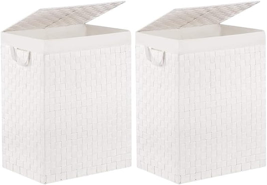 Foldable Laundry Hamper Basket with Lid by Fiona's magic, Handwoven 96L Large Clothes Hamper with Removable Liner Bags, Collapsible Tall Hamper for Bedroom, Bathroom and Dorm Organizer, 2Pack, White